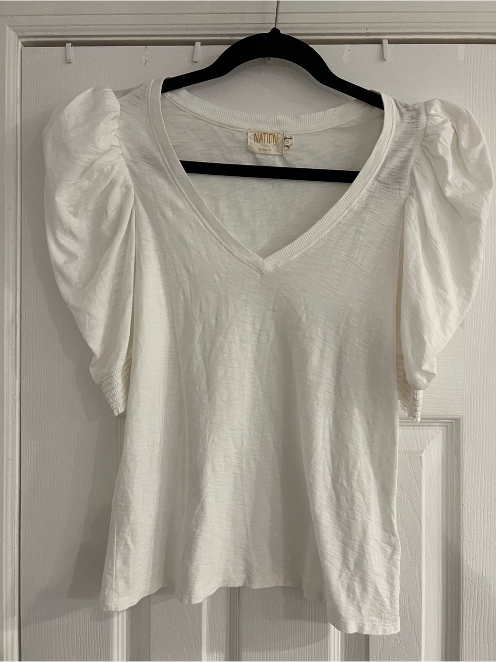 V-Neck Puff Sleeve 100% Pima CottonTop in White